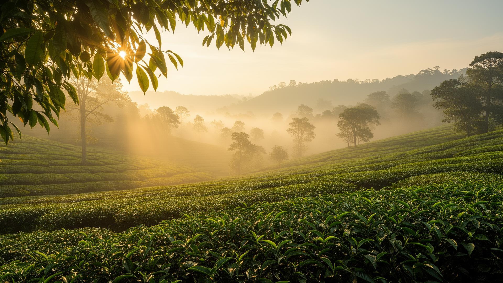 A tea plantation in the Indian hills at sunrise, wrapped in morning fog